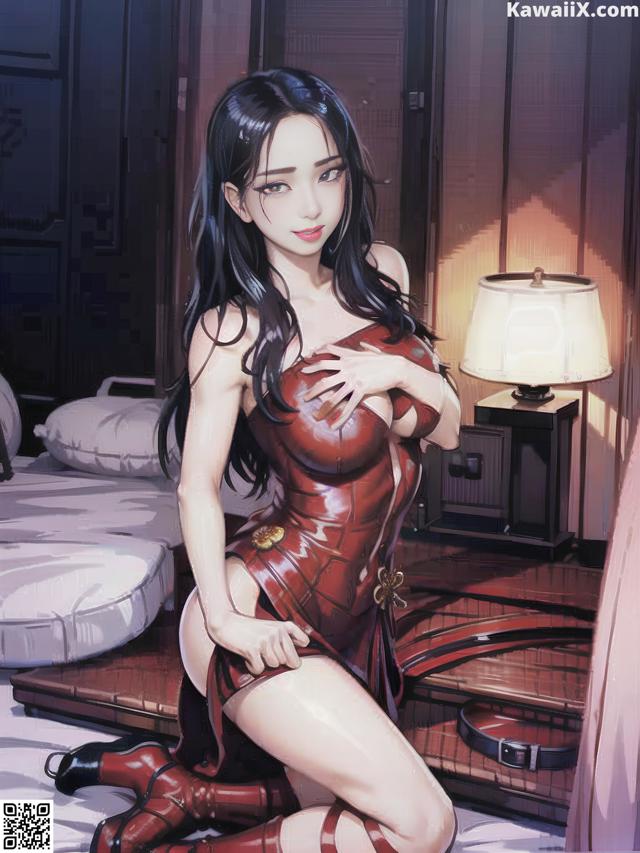 A woman in a red leather outfit sitting on a bed.