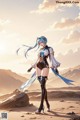 A woman with long blue hair standing in the desert.