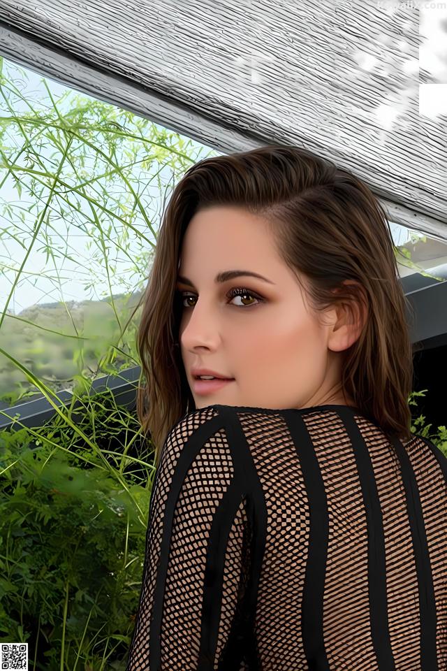 A woman in a black fishnet top looking out a window.